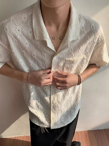 AIDASE  -  Fashionable Short Sleeve Buttoned Turn-down Collar Shirt Summer Men Casual Knit Cardigans Vintage Hollow Out Knitted Shirts Mens aidase-shop